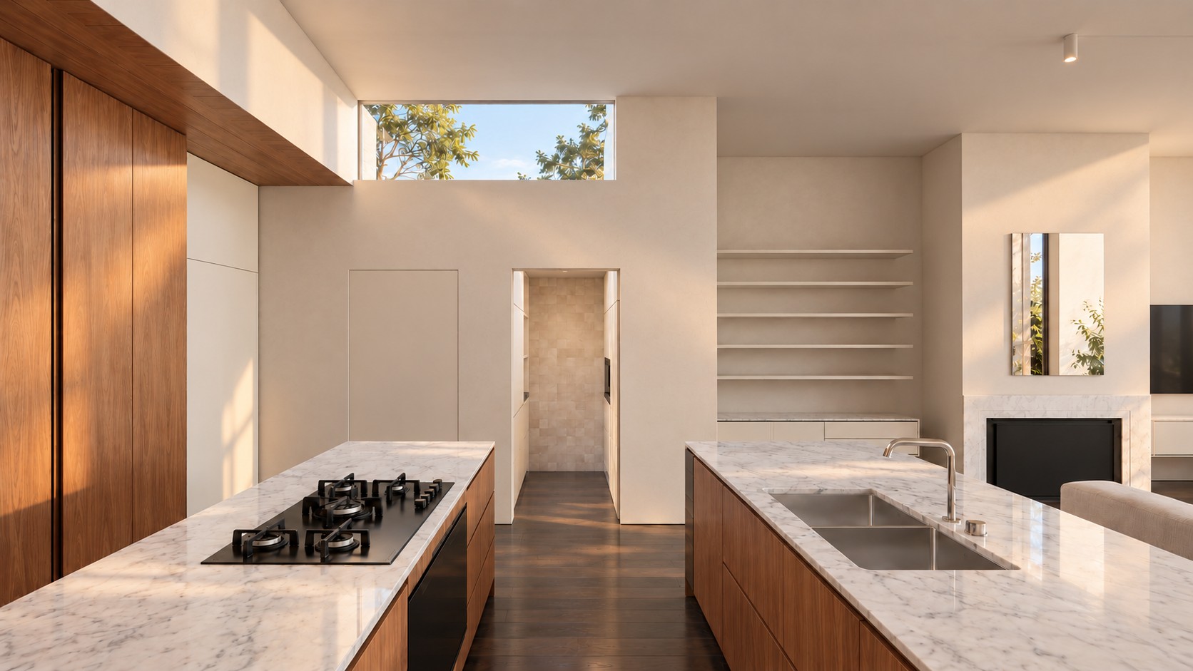 Render: kitchen with twin marble-topped islands under a high skylight