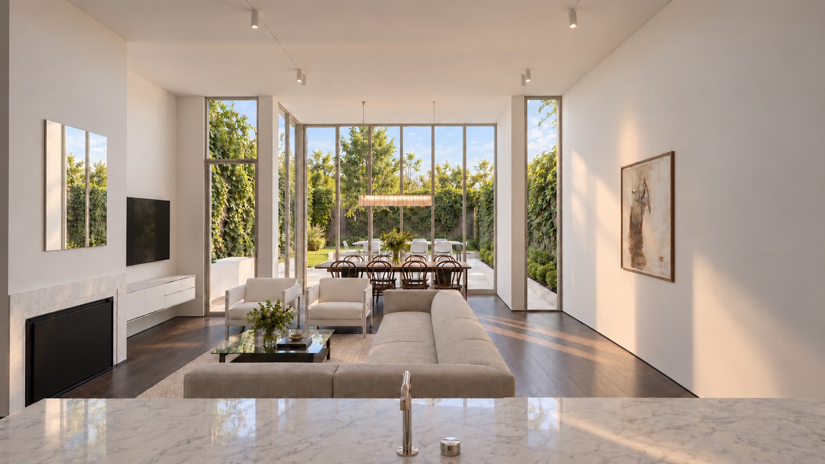 Render of the living and dining room opening to the garden