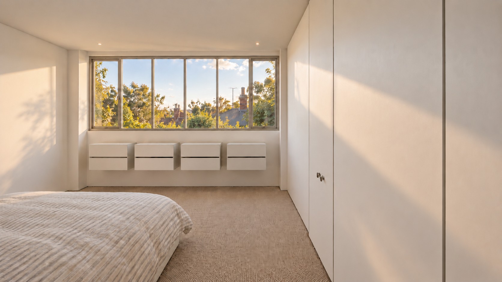 Render: bedroom with a ribbon window and wall-hung drawers