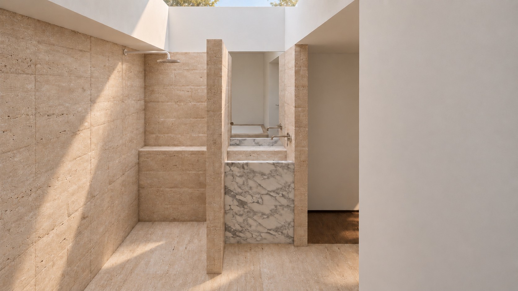 Render: travertine bathroom with a marble vanity and walk-in shower