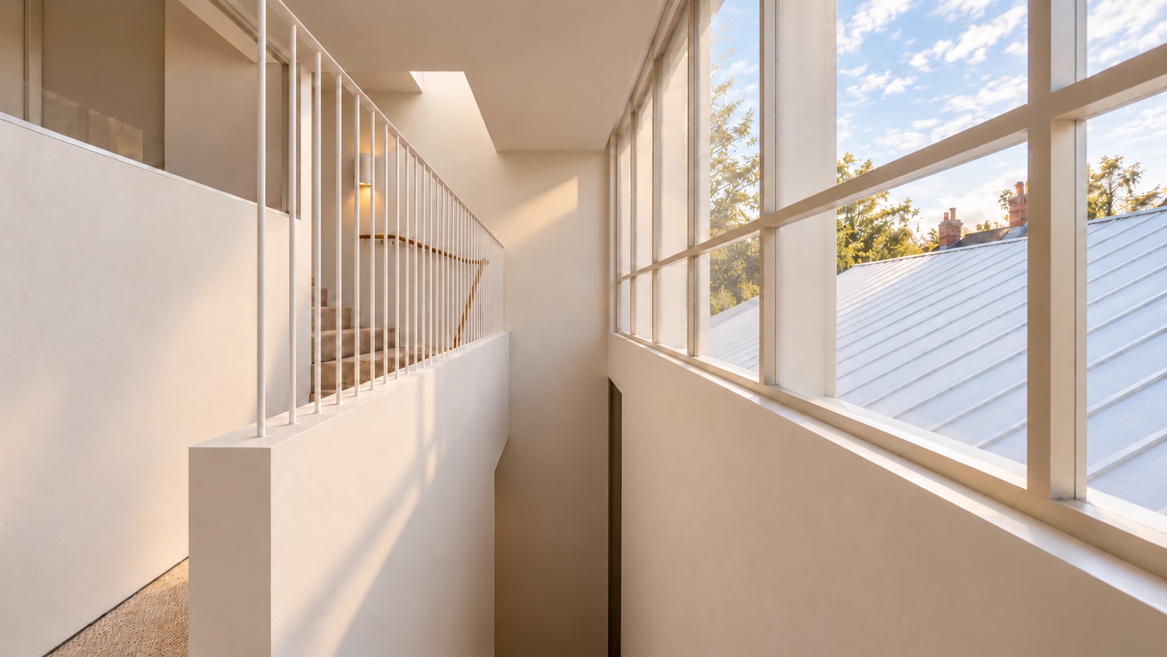 Render: stair landing with a slender balustrade and large windows