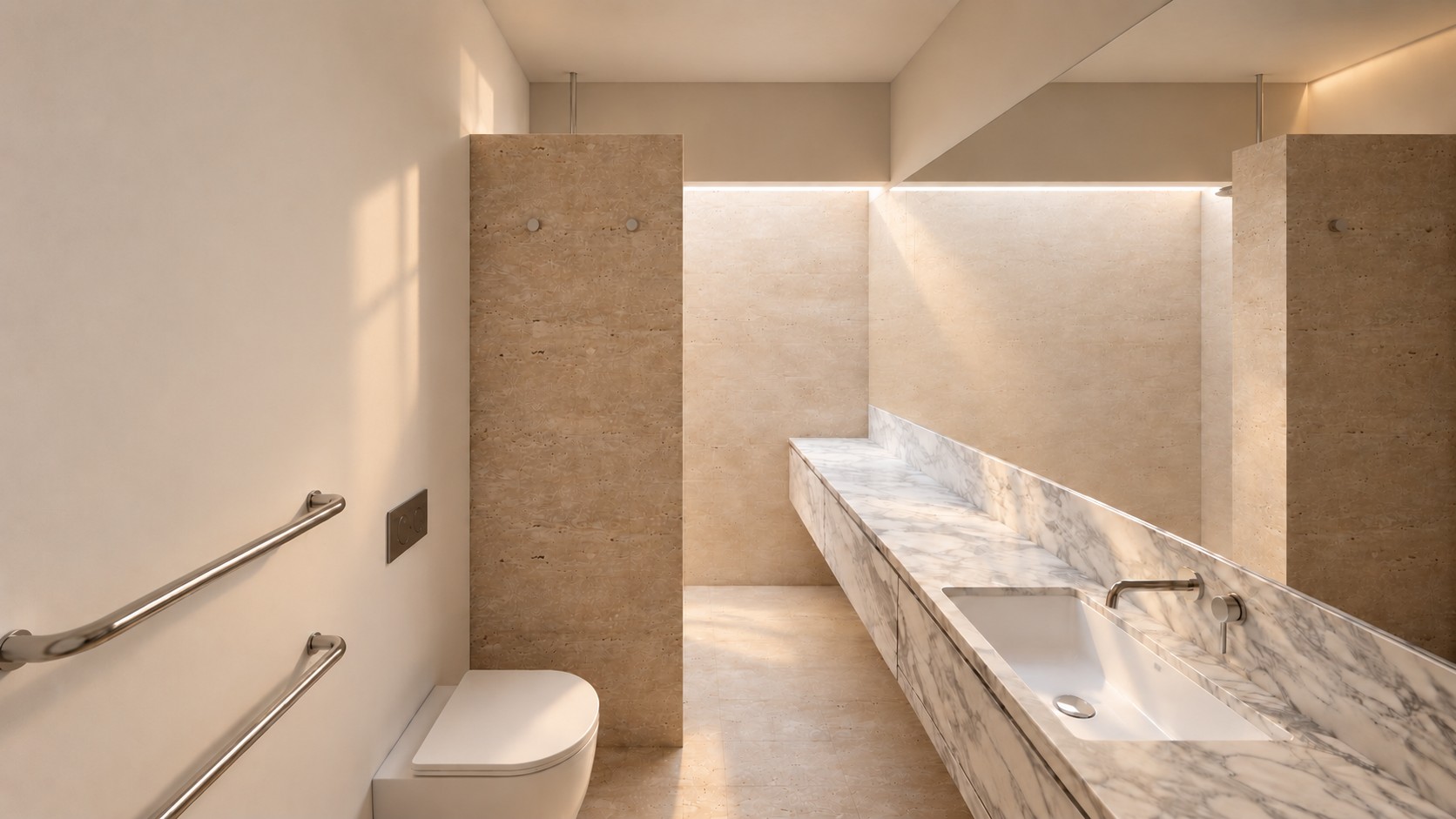 Render: travertine bathroom with a long marble vanity