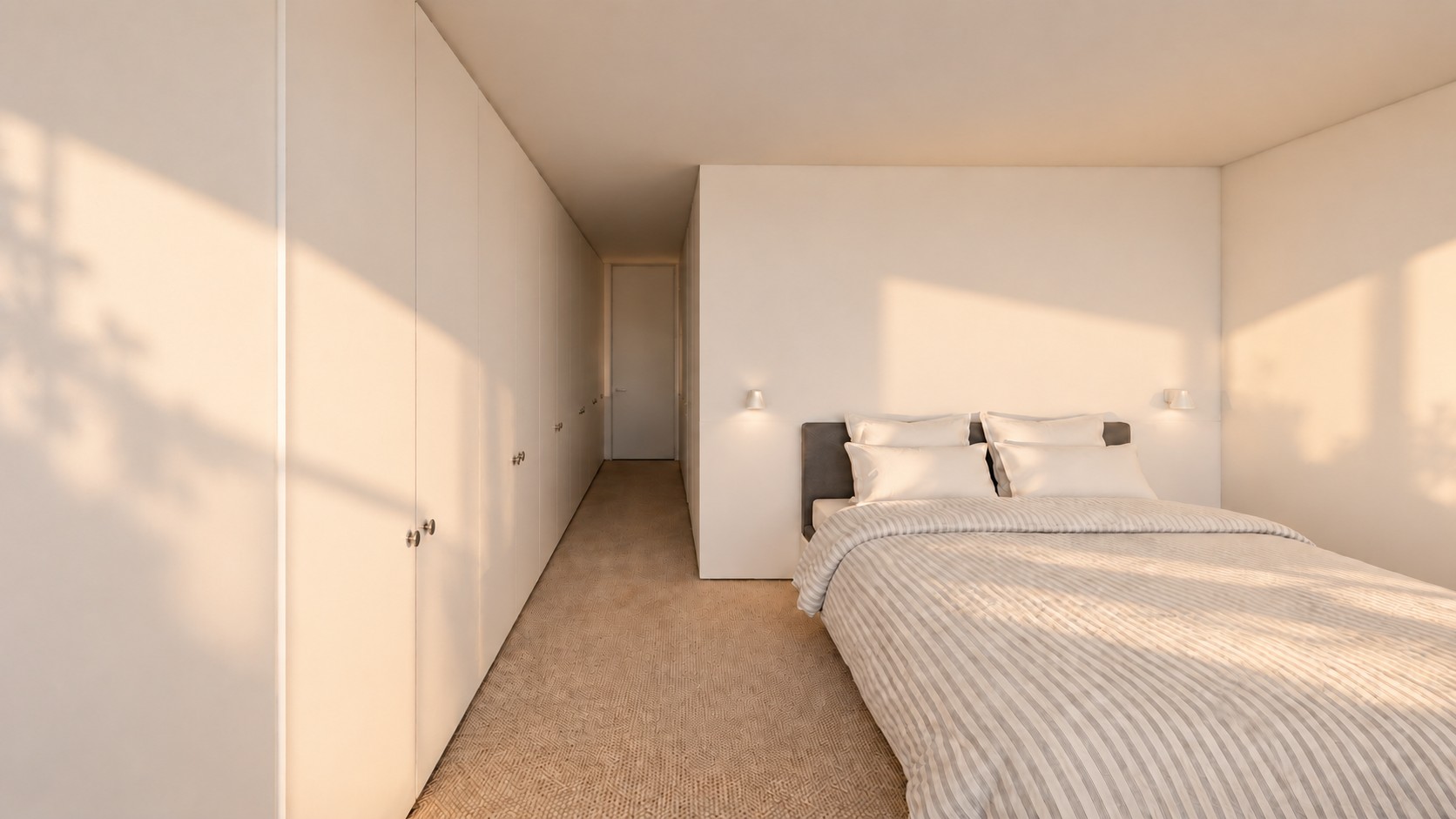 Render: main bedroom with full-length built-in wardrobes