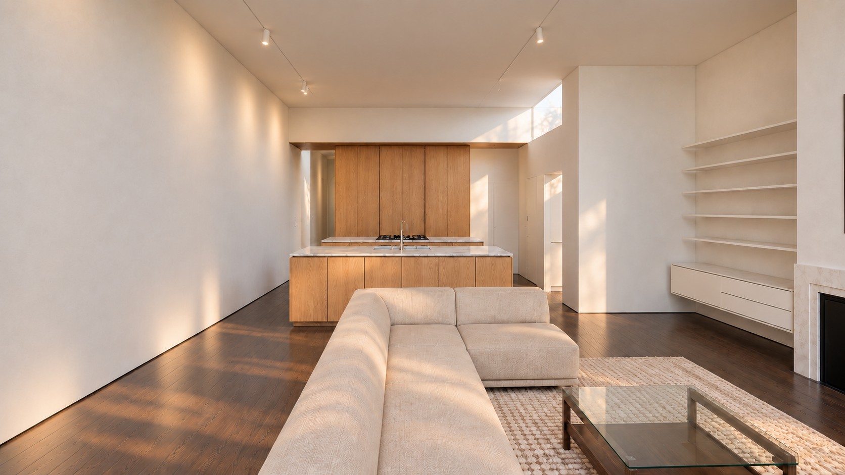 Render: living room looking to the timber kitchen and island