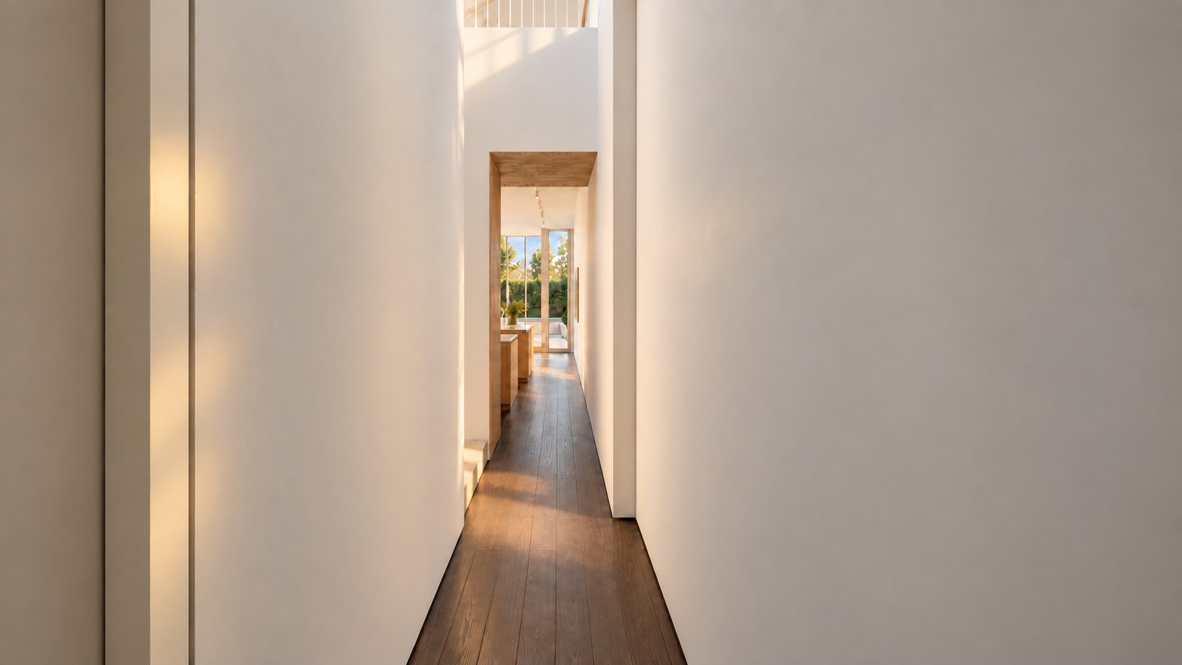 Render: long hallway with dark timber floors leading to the kitchen and garden