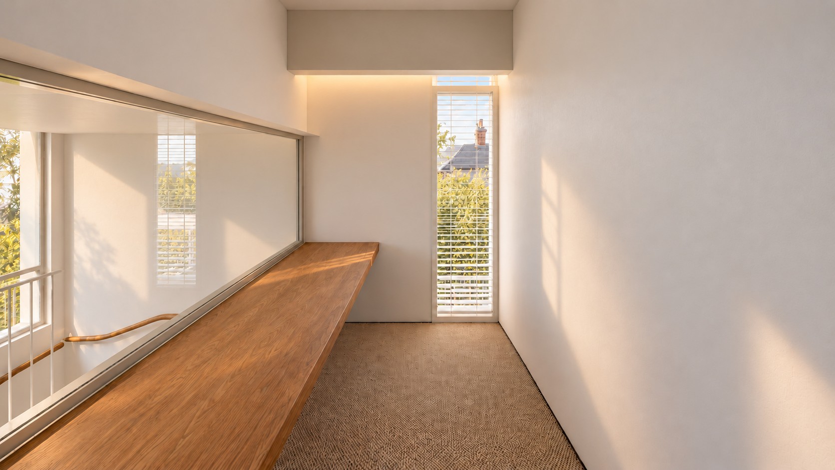 Render: study with a long timber desk overlooking the stair void
