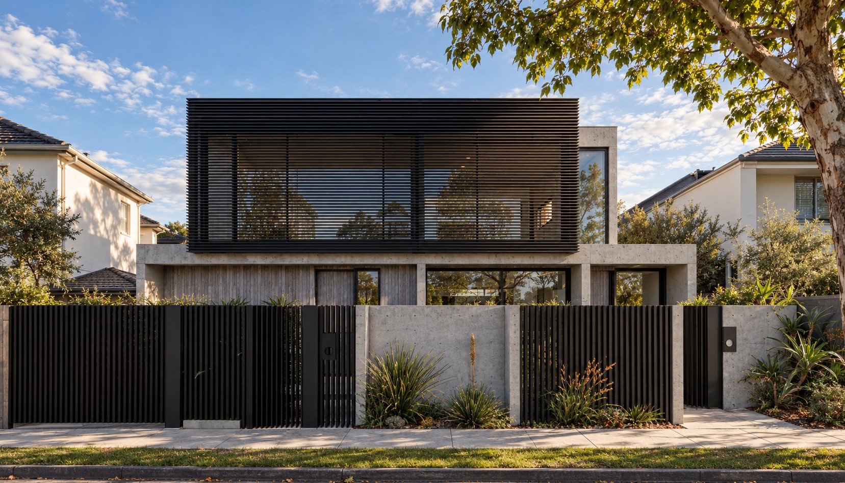Render of Albert from the street: a black horizontal-batten upper level over off-form concrete and timber, behind black slatted fencing and concrete walls