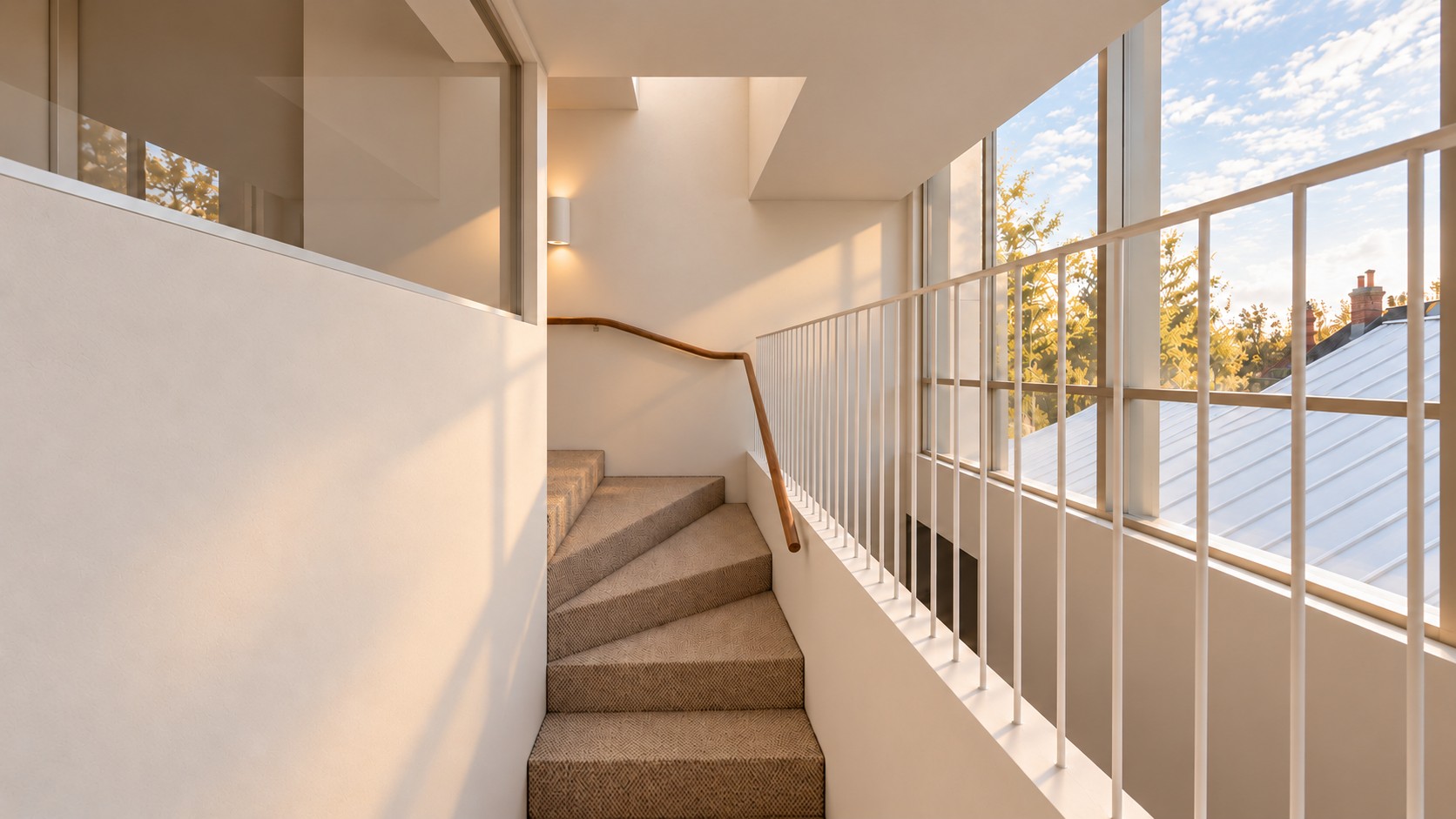 Render: carpeted stair with a timber handrail beside tall windows